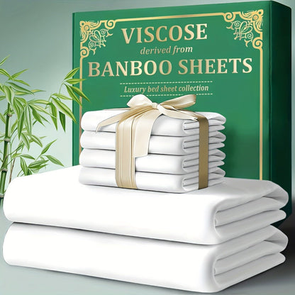 Bamboo Fitted Sheet Set 4-Piece Deep Pocket 18"-24", 2200TC Ultra-Soft Cool Breathable Bed Sheets, Anti-Shrink Fade-Resistant, Ideal for Hot Sleepers