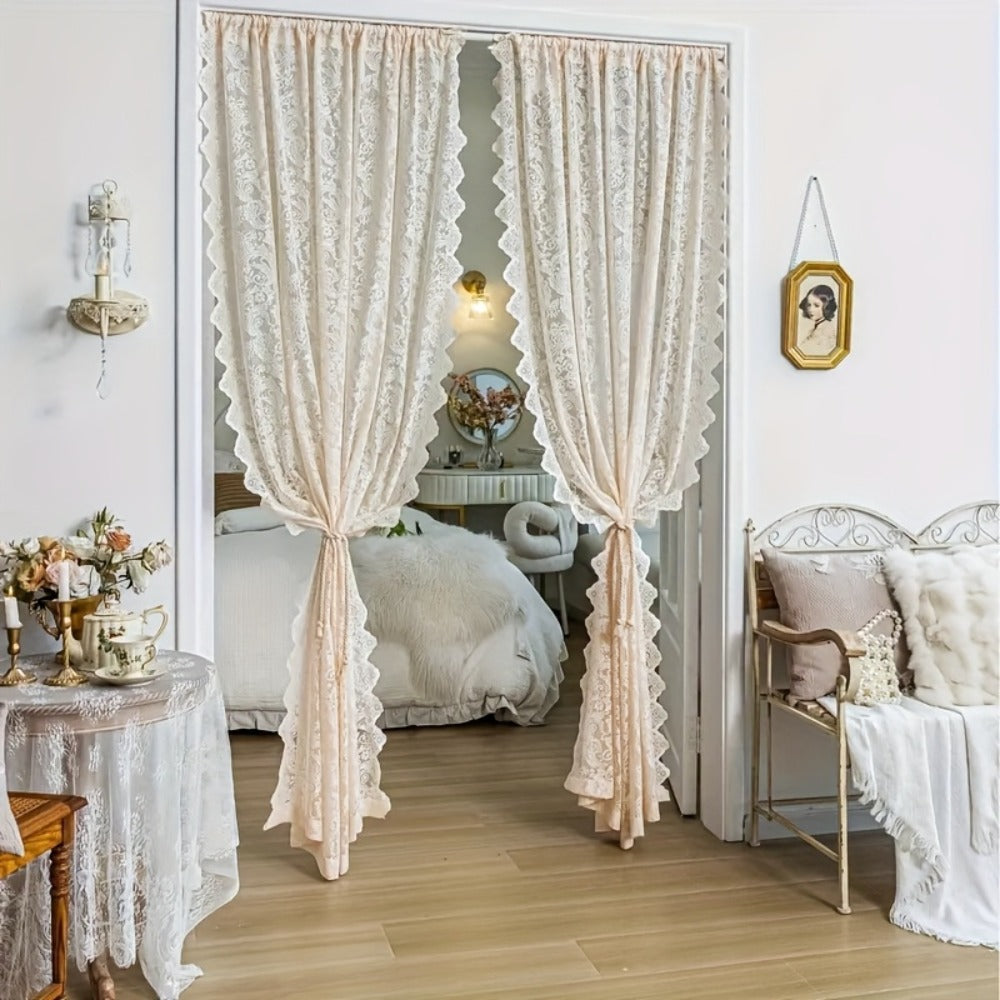 Floral Phoenix-Tail Lace Curtain Panel with Rod-Pocket Header, Three Colors and Four Length Options