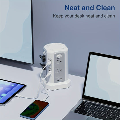 Surge Protector Power Strip Tower 17-in-1 with 12 AC Outlets, 4 USB-A, USB-C PD 18W and Four Group Switches