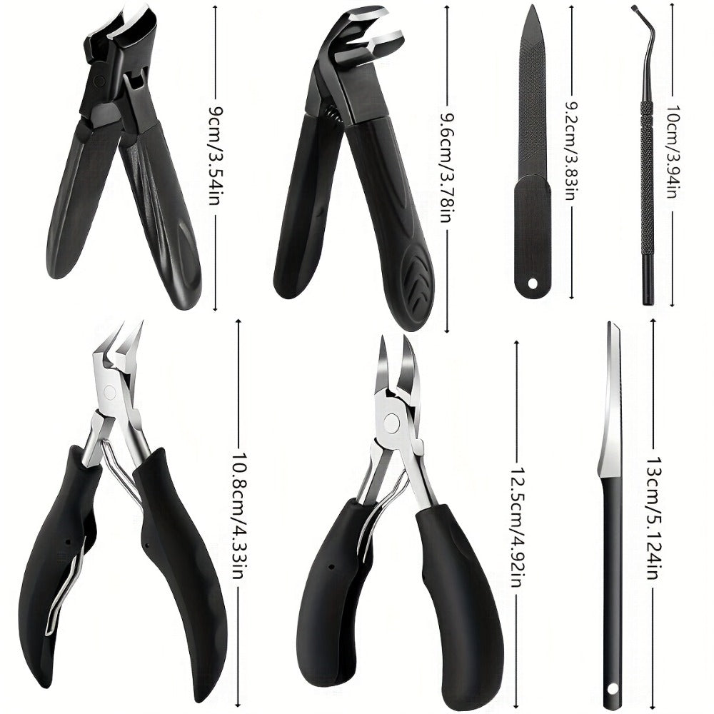 Heavy Duty Toenail Clipper Set 7pcs for Seniors Angled Curved Stainless Steel Blades Splash Guard Long Handle Nail File Pedicure Tool Kit Thick Nails