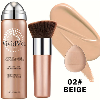 Spray-On Liquid Foundation Bottle with Matching Face Brush in Four Shades from Natural to Porcelain