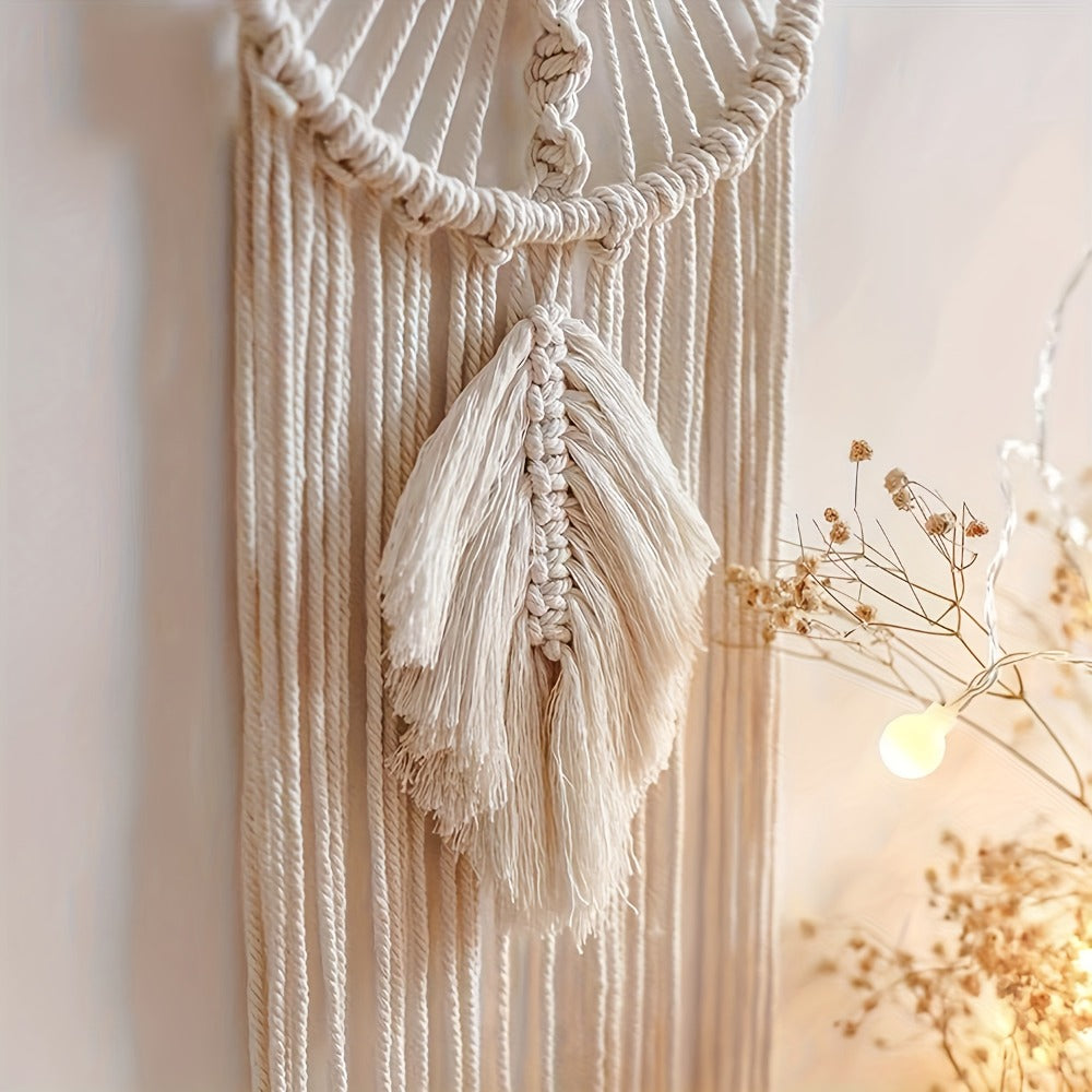 Woven Dream Catcher Wall Decor, Four-Piece Set with Cream Moon, Star and Ring Forms plus Tassels