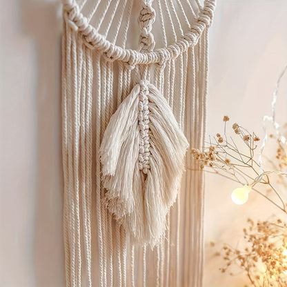 Woven Dream Catcher Wall Decor, Four-Piece Set with Cream Moon, Star and Ring Forms plus Tassels