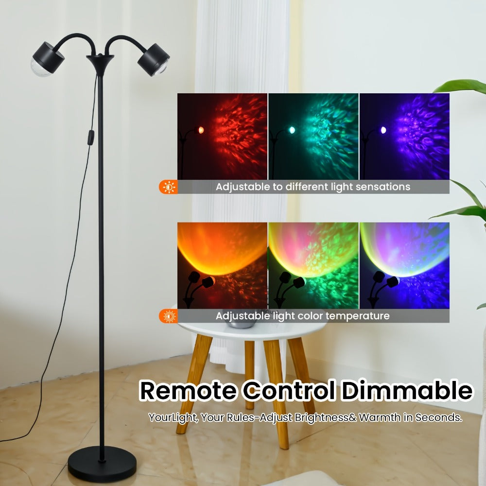 Black Dual-Head Floor Projector Lamp with Two Adjustable Spot Heads, Remote and Color Discs
