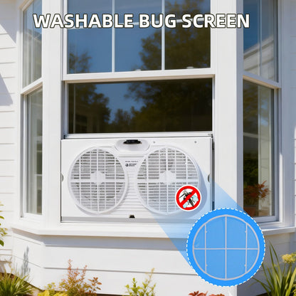 Twin Window Fan 9 Inch Dual Blade, Expandable Width with Thermostat and Remote Control, Reversible Airflow 3-Speed Window Fan for Bedroom, Living Room, Kitchen and Home Ventilation