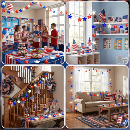 Patriotic Star String Lights July 4th Red White Blue LED Plug-In Indoor Outdoor Decor 8.5FT 12FT Memorial Day Independence Day Party Decoration