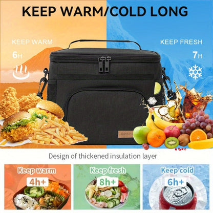 Insulated Lunch Bag with Adjustable Shoulder Strap, Dual Zippers and Black, Grey or Blue Color Options