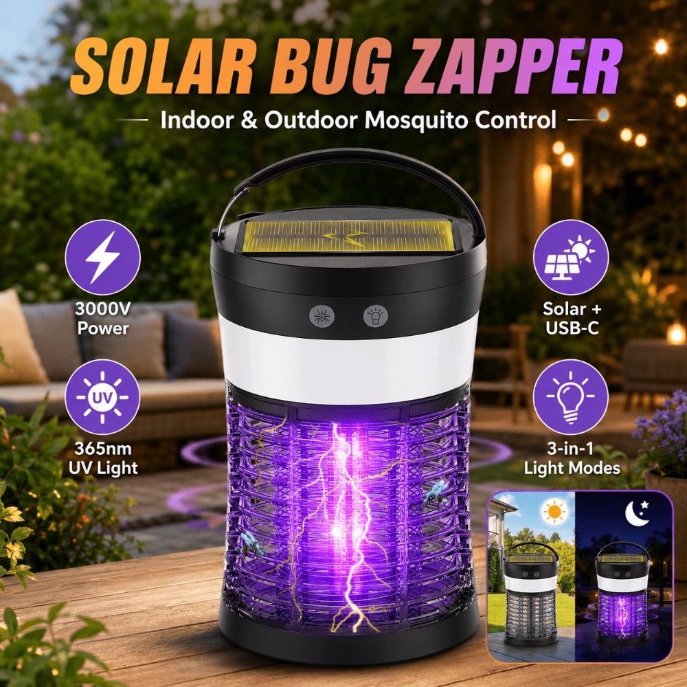 Solar and USB-C Insect Zapper Lantern with 3000V Grid, Dual UV Labels and Three Lighting Modes