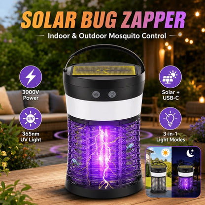Solar and USB-C Insect Zapper Lantern with 3000V Grid, Dual UV Labels and Three Lighting Modes