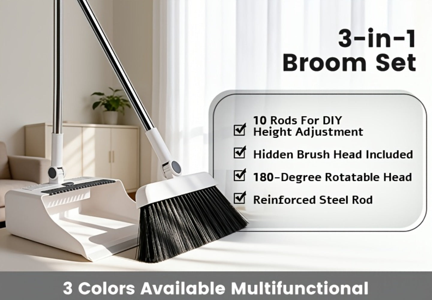 Broom and Dustpan Set 3-in-1 with Wiper - Non-Stick Hair Sweeper Household Floor Broom Combo for Indoor Outdoor Use - Ergonomic Handle Dustpan Broom Kit for Home Kitchen Office - White Pink Gray