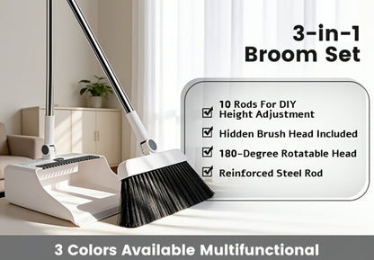 Broom and Dustpan Set 3-in-1 with Wiper - Non-Stick Hair Sweeper Household Floor Broom Combo for Indoor Outdoor Use - Ergonomic Handle Dustpan Broom Kit for Home Kitchen Office - White Pink Gray
