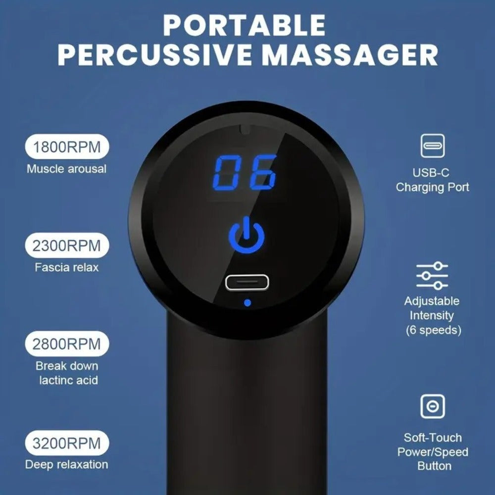 Compact Massage Gun with Digital Control Display, Multiple Pictured Heads and Four Color Options