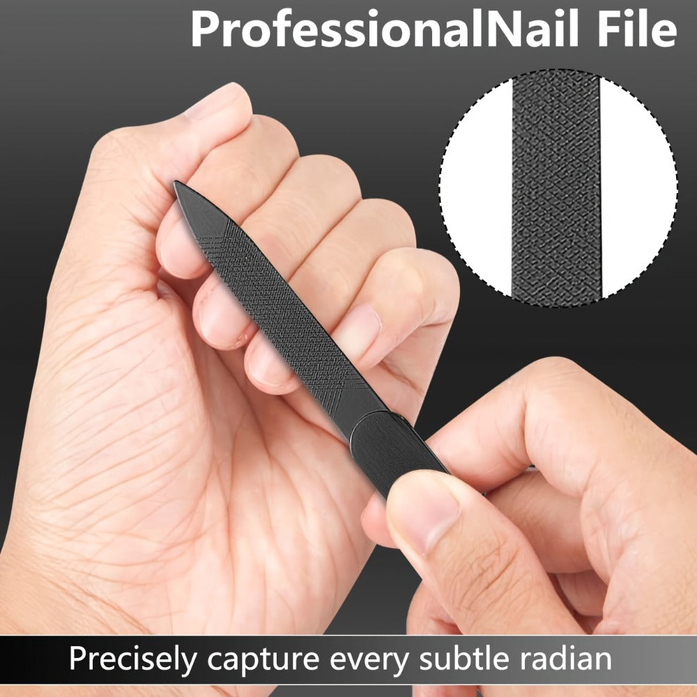 Wide-Jaw Nail Clipper Set, Six-Piece Black-Handle Kit with Curved, Slanted and Narrow Tools, Lifter, File and Storage Pouch