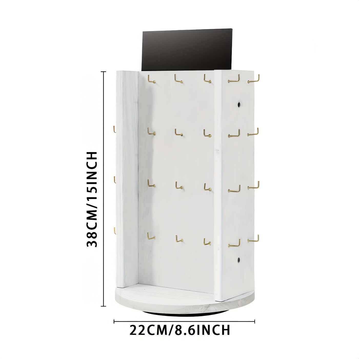 Jewelry Organizer Rotating White Display Tower with 40 Hooks and Top Sign Panel for Countertop Use