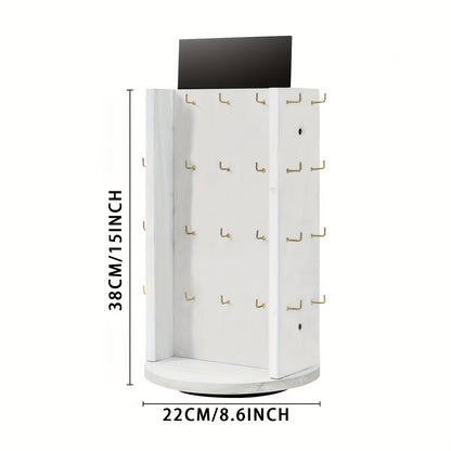 Jewelry Organizer Rotating White Display Tower with 40 Hooks and Top Sign Panel for Countertop Use