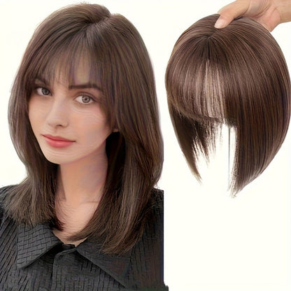 10-Inch Clip-In Hair Topper with Bangs in Black, Dark Brown or Light Brown Crown Coverage Options