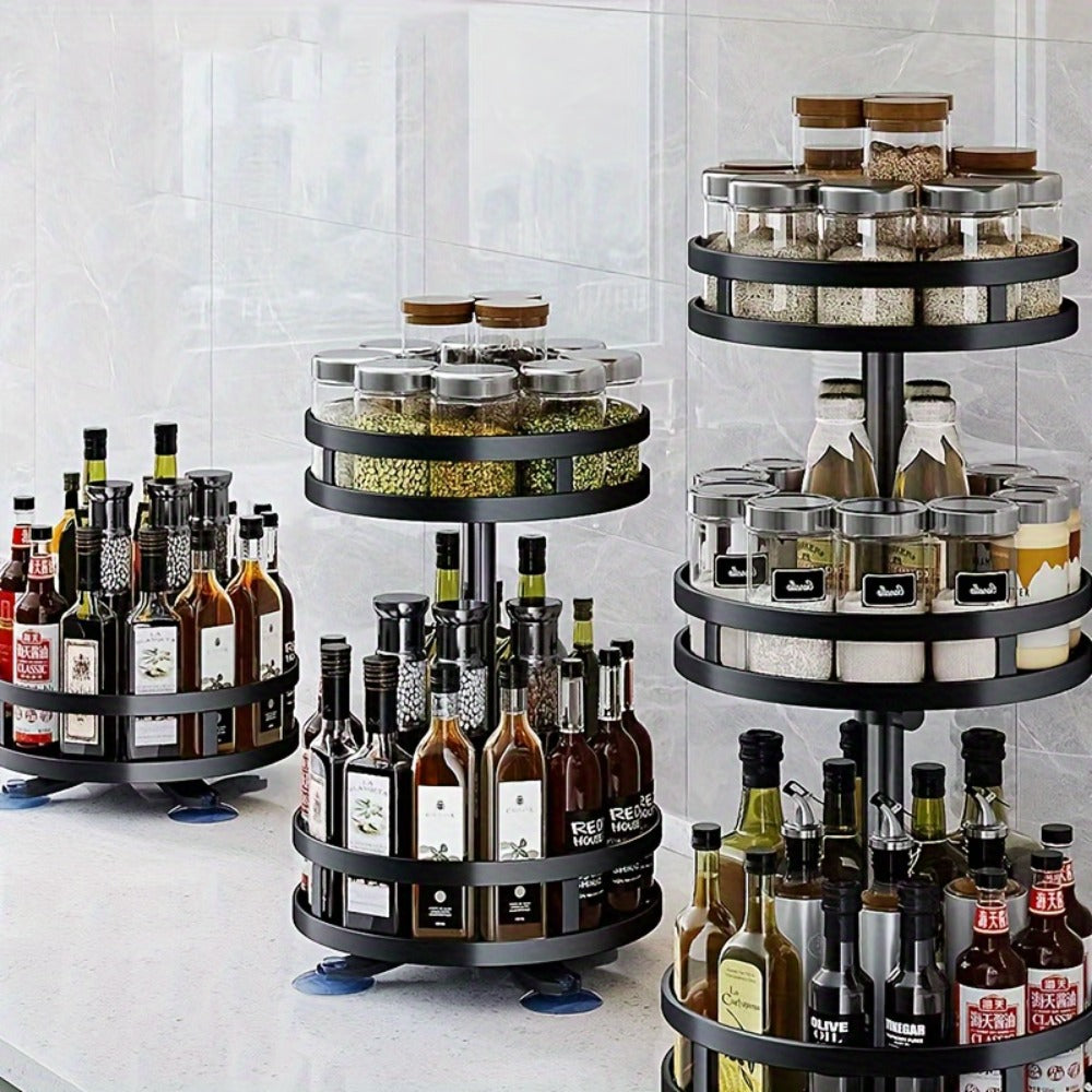 Lazy Susan Turntable Organizer Metal Rotating Spice Rack 1 2 3 Tier for Cabinet Kitchen Countertop Pantry Bathroom – Spinning Storage Rack with Suction Cup Feet & Labels