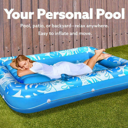 70 x 46-Inch Inflatable Pool Float Tanning Bed in Blue with Open Center, Ribbed Base and Raised Pillow