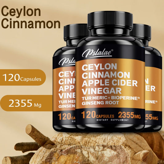 Ceylon Cinnamon Capsules 120 Count with Apple Cider Vinegar Turmeric Bioperine & Ginseng — 5-in-1 Blood Sugar Metabolism & Immune Support Herbal Supplement for Women and Men