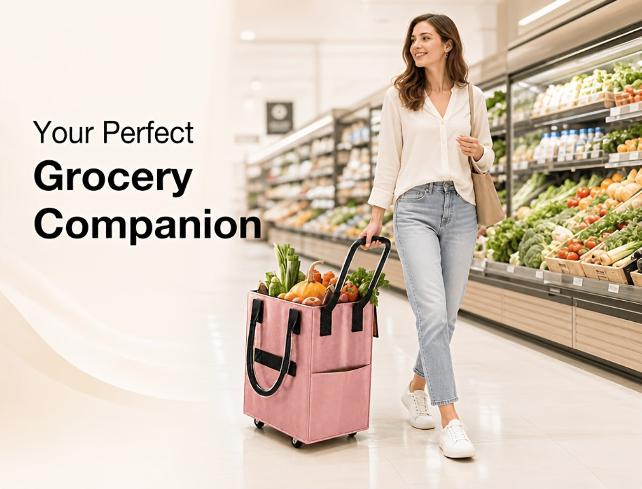 60 L Rolling Grocery Bag with Wheels in Black or Rose Gold for Shopping, Travel and Utility Use