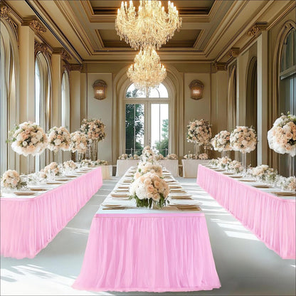 Pink Tutu Table Skirt 6ft – Ruffle Tulle Table Skirt for Rectangle & Round Tables, Princess Girls Birthday Party, Cake Dessert Table Decor, Gold Brim, Multiple Colors Available