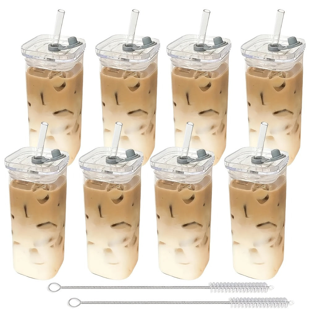 Square Glass Cups with Lids and Straws Set - 13oz BPA-Free Coffee Drinking Glasses for Home Office Outdoor