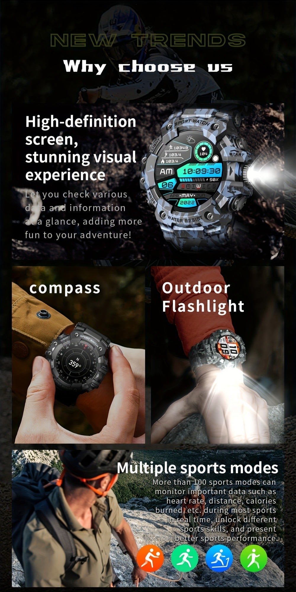 Smartwatch for Men 1.32 Inch Tactical Watch with LED Flashlight, SOS and 100+ Sport Modes in Eleven Colors