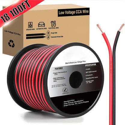 CCA Speaker Wire 16AWG – Red & Black Copper Clad Aluminum 2-Conductor DC Cable for Car Audio, Radio, Amplifier & Home LED Strip Lights (12V/24V, Flexible Spool)
