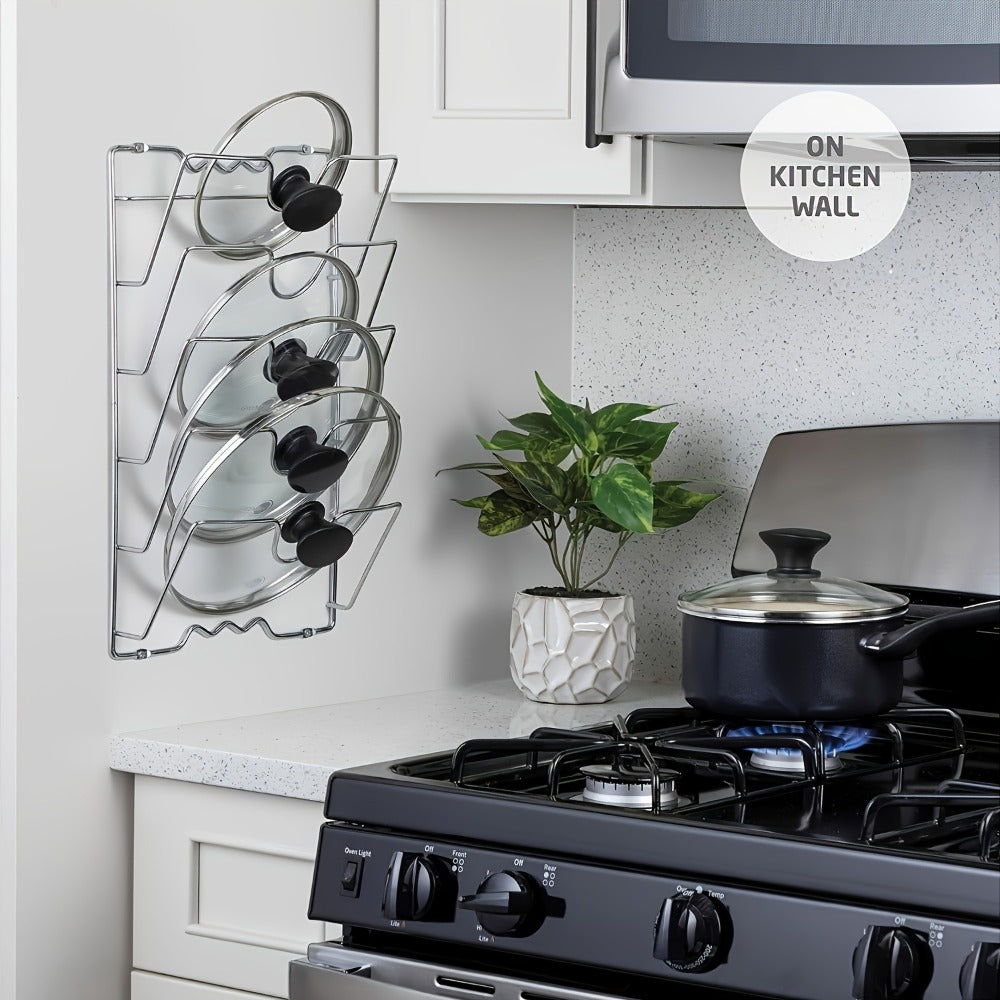 Wall-Mount Pot Lid Kitchen Organizer with Six-Tier Metal Rack for Cabinet Doors or Kitchen Walls