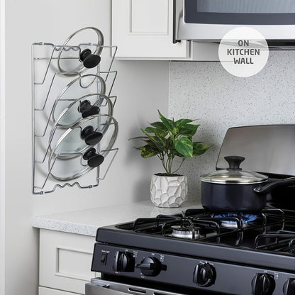 Wall-Mount Pot Lid Kitchen Organizer with Six-Tier Metal Rack for Cabinet Doors or Kitchen Walls