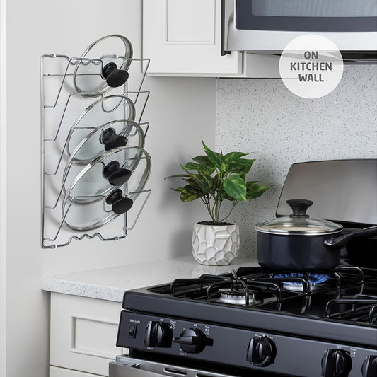 Wall-Mount Pot Lid Kitchen Organizer with Six-Tier Metal Rack for Cabinet Doors or Kitchen Walls