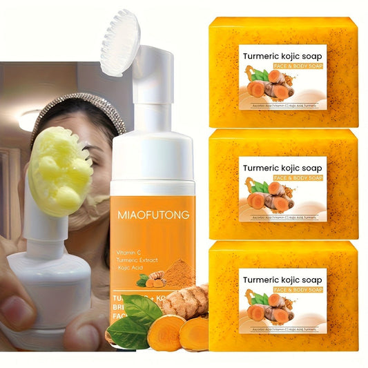 Turmeric Vitamin C Facial Cleansing Kit Face Wash Foam Soap Bars Set Brightening Moisturizing Nourishing Gentle Non-Irritating Cleanser with Brush Applicator All Skin Types Unisex Gift
