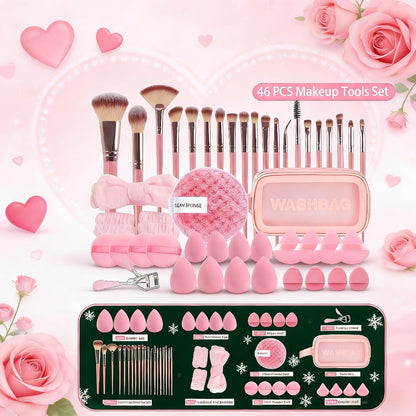 Makeup Brush Set, 46-Piece Nylon Bristle and ABS Handle Kit with Triangle Puff, Foundation Puff and Face-Eye Tools