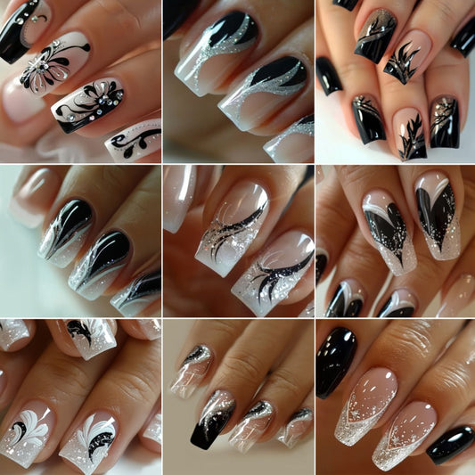 Black White Square Press On Nails 216 Pieces 9 Packs – 3D Butterfly Floral Fox Tail Glitter Marble Geometric Designs | Glossy Full Cover Acrylic Nails with Jelly Glue & File for Women Girls