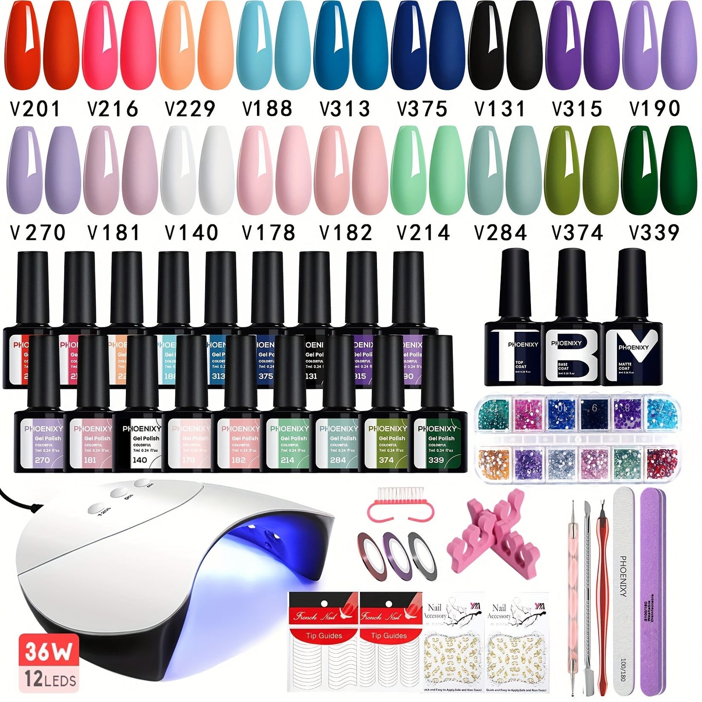 36-Piece Gel Nail Polish Kit with 36W UV LED Lamp, Three Checkout Sets and Pink-to-Blue Color Range