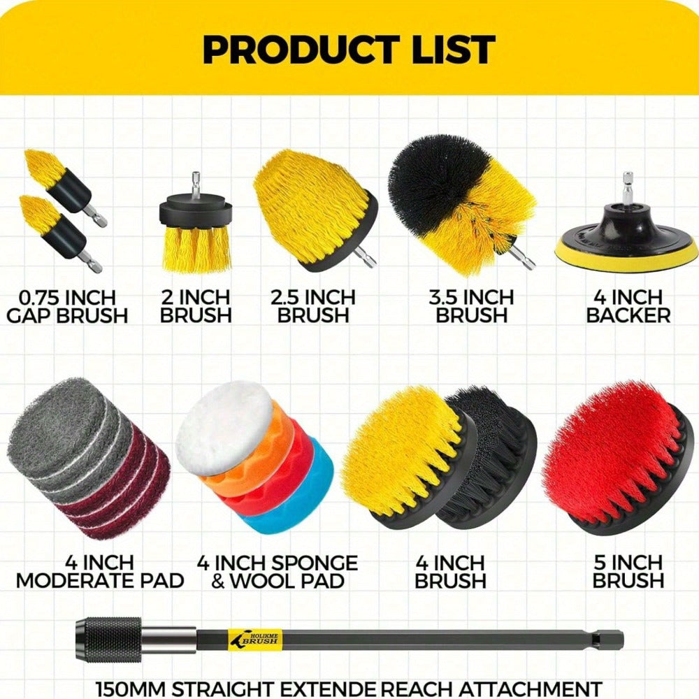 Twenty-Piece Drill Brush and Buffing Pad Kit with Scrub Heads, Sponges and Extension Rod in Yellow