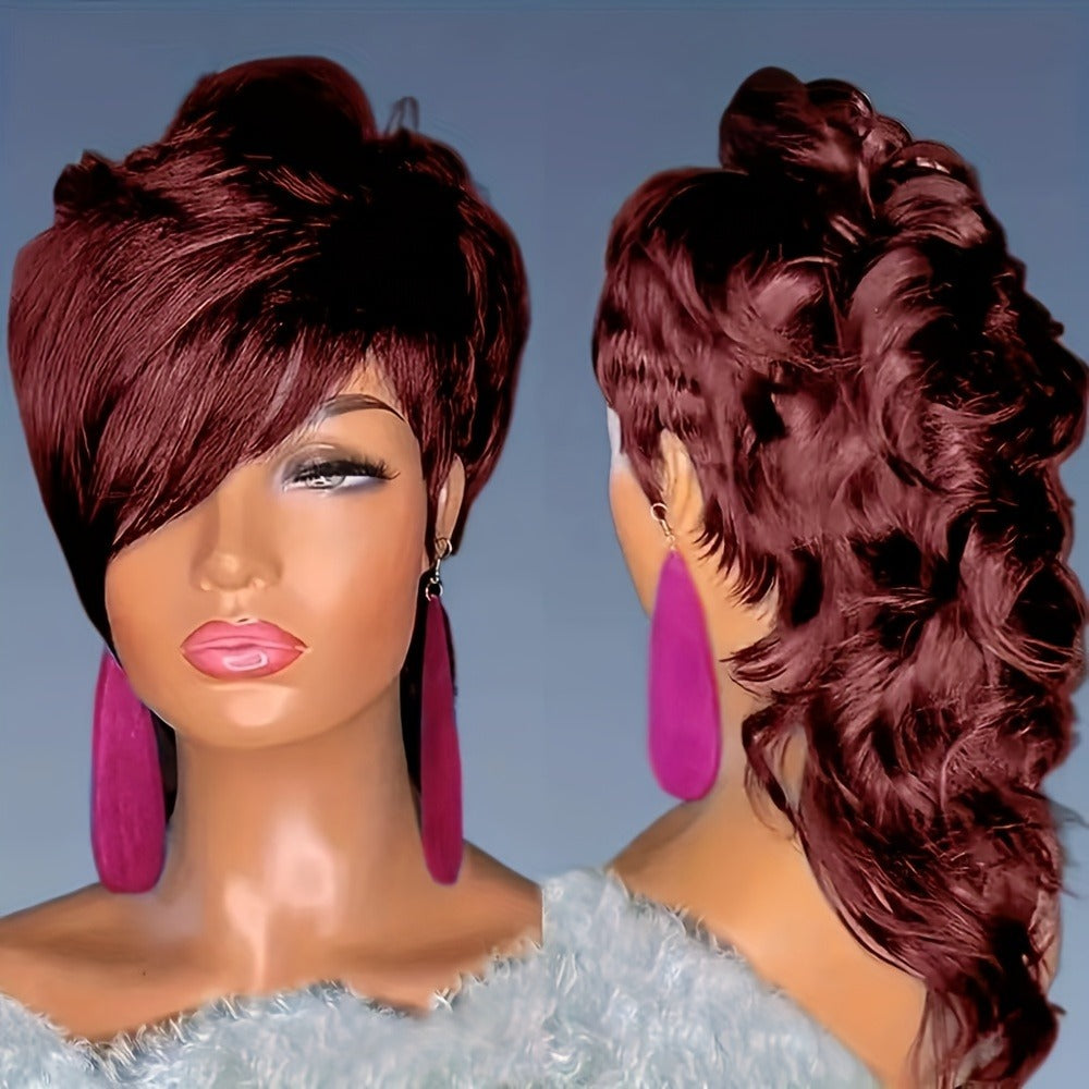 Pixie Cut Mullet Wig with Bangs Curly Wave Synthetic Hair 150% Density Rose Net Cap – Heat Resistant Short Layered Wig for Women Daily Wear Cosplay Fashion Black Burgundy 14 Inch