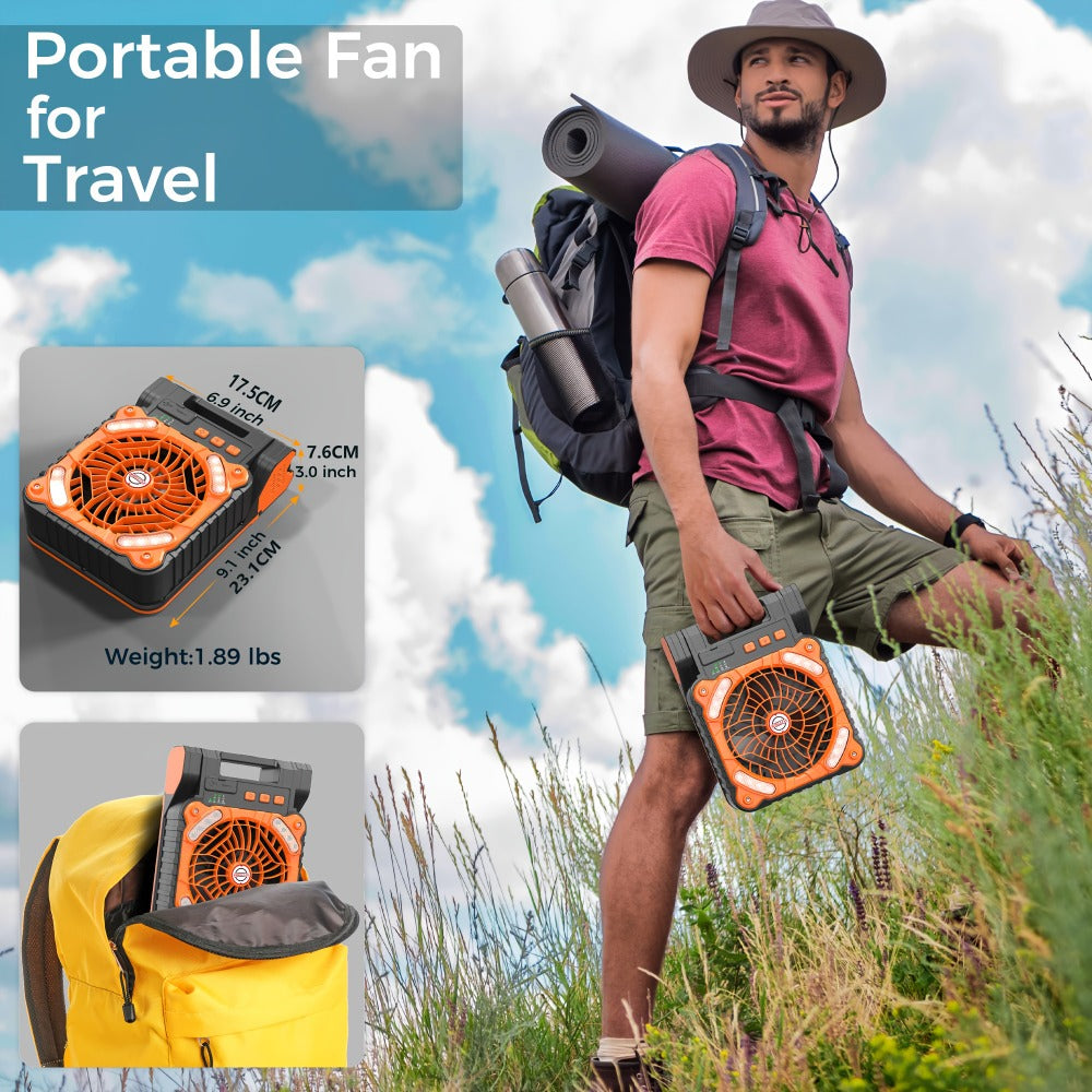 Solar Camping Fan and Light with Folding Panel, USB-C Input, Timer Controls and Three Color Options