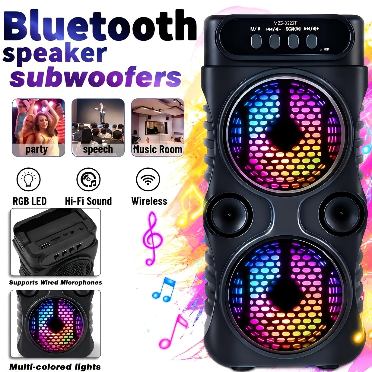 Portable Bluetooth Speaker with Dual 3-Inch Drivers, LED Lights, USB, TF, FM and 3.5mm AUX