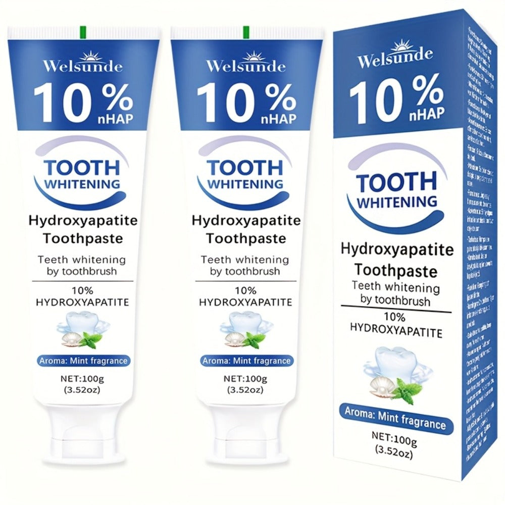 Two-Pack 100g Mint Toothpaste Tubes with 10% Hydroxyapatite Highlighted on the Package Labels
