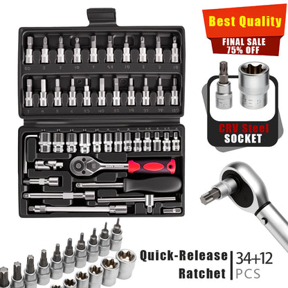 Torx Star Bit Socket Set 34/46-Piece - 3/8" Drive CR-V E-Socket E4-E20, T10-T60, Tamper-Proof TT10-TT55, S2 Steel, 5/16"F to 3/8"M Adapter, Storage Case - For Car, Truck & Home Improvement