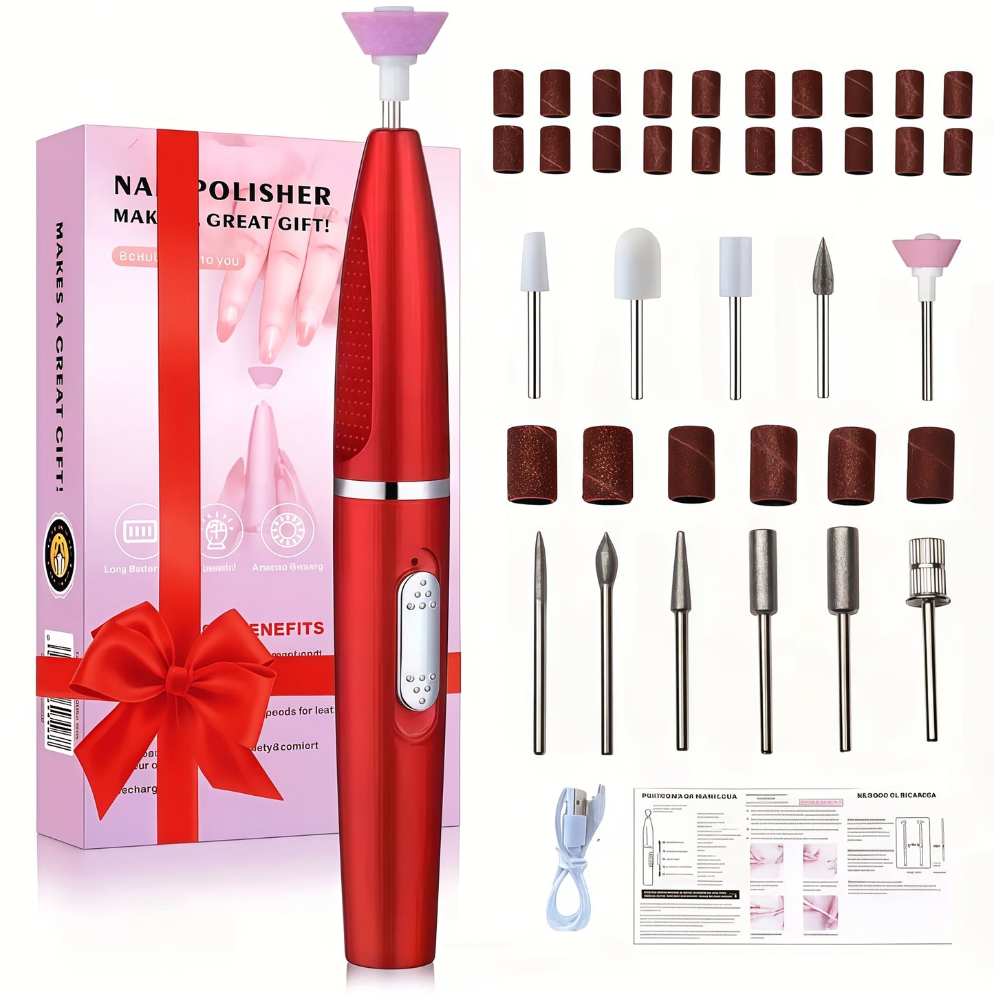 Portable 20000 RPM Electric Nail Drill Kit with 11 Interchangeable Bits, USB Charging and Two Color Options