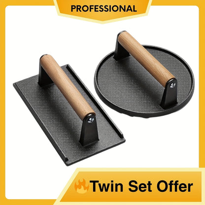 Smash Burger Press Cast Iron Heavy Duty Dual-Size Burger Smasher with Ergonomic Wood Handle – BBQ Grill Press for Smash Burgers, Steaks & Griddle Cooking (2pc Set)
