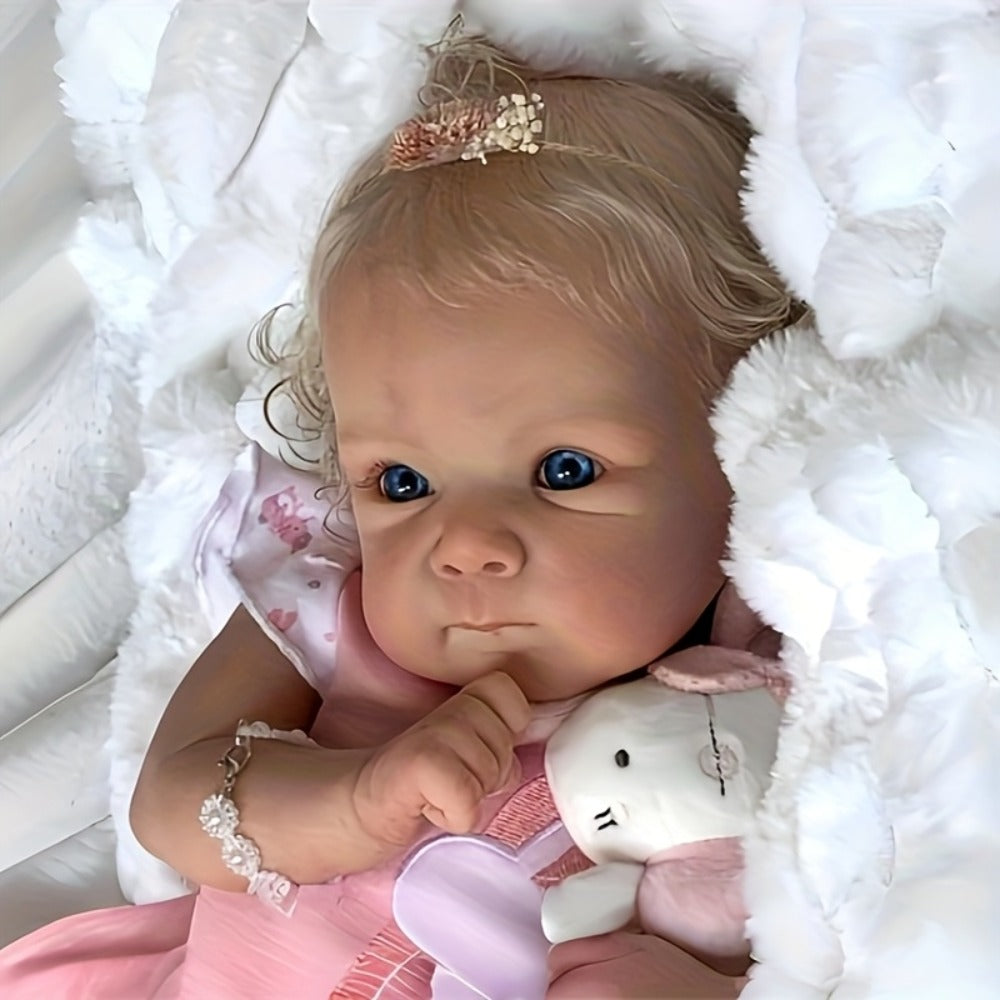 Reborn Doll, 22-Inch Full-Vinyl Open-Eye Figure with Hand-Rooted Hair and Pink Clothing Set