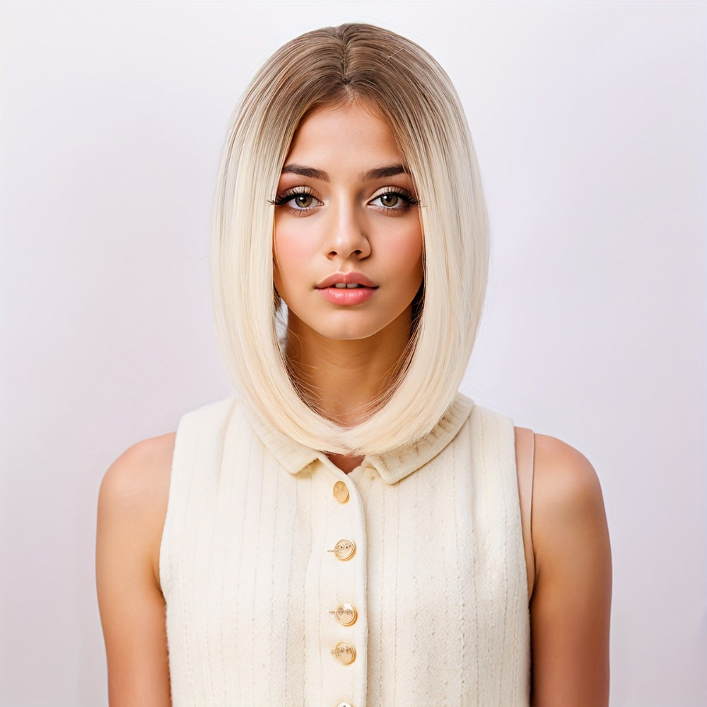 Synthetic Wig 12-Inch Straight Bob with Bangs and Rose Net Cap in Four Color Finishes for Daily Style