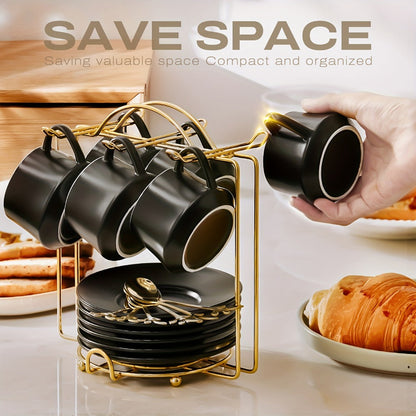 Espresso Cups Set of 6 with Saucers, Spoons & Metal Stands - 4oz Ceramic Cappuccino Coffee Cup Set