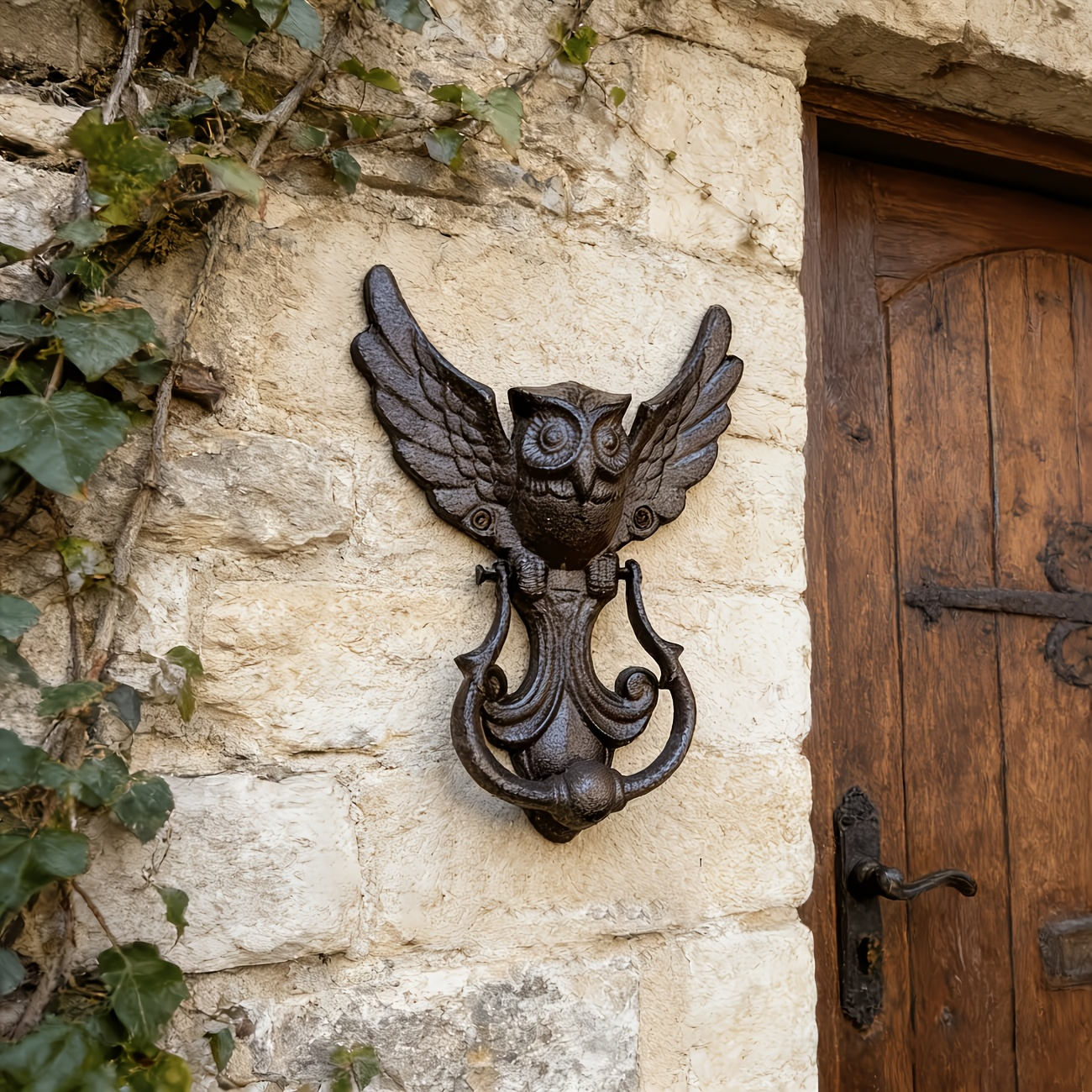 Winged Owl Door Knocker with Pictured 8.86-Inch Height, Ring Handle and Rustic Dark Finish