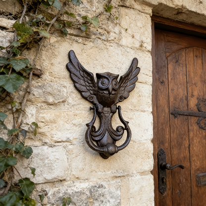 Winged Owl Door Knocker with Pictured 8.86-Inch Height, Ring Handle and Rustic Dark Finish
