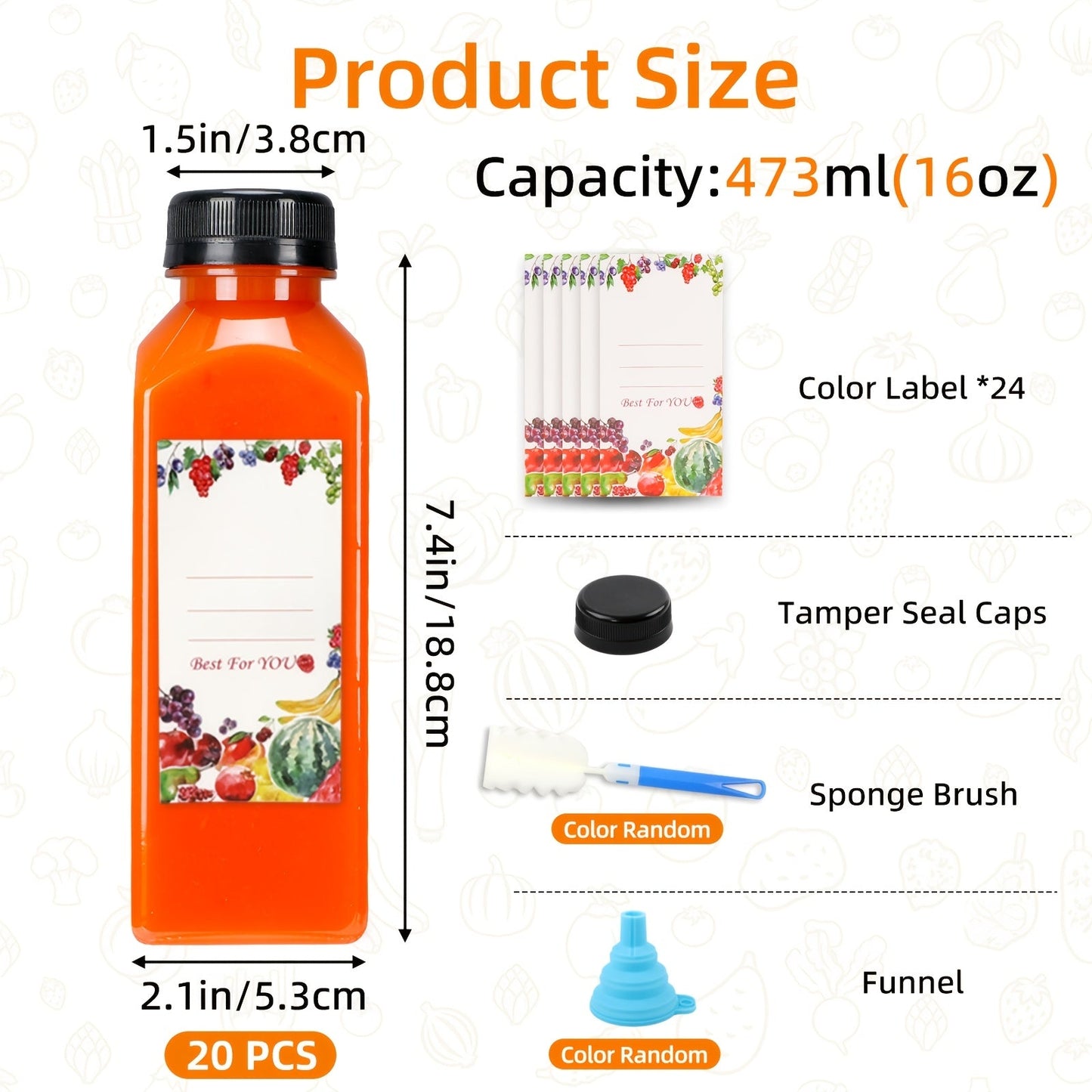 Reusable Juice Bottle Set, Clear Plastic 12oz or 16oz Drink Containers with Lids, Funnel and Cleaning Brush