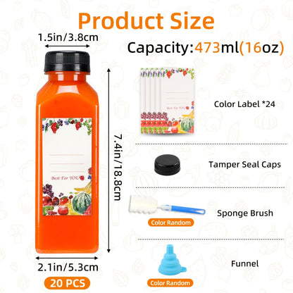 Reusable Juice Bottle Set, Clear Plastic 12oz or 16oz Drink Containers with Lids, Funnel and Cleaning Brush